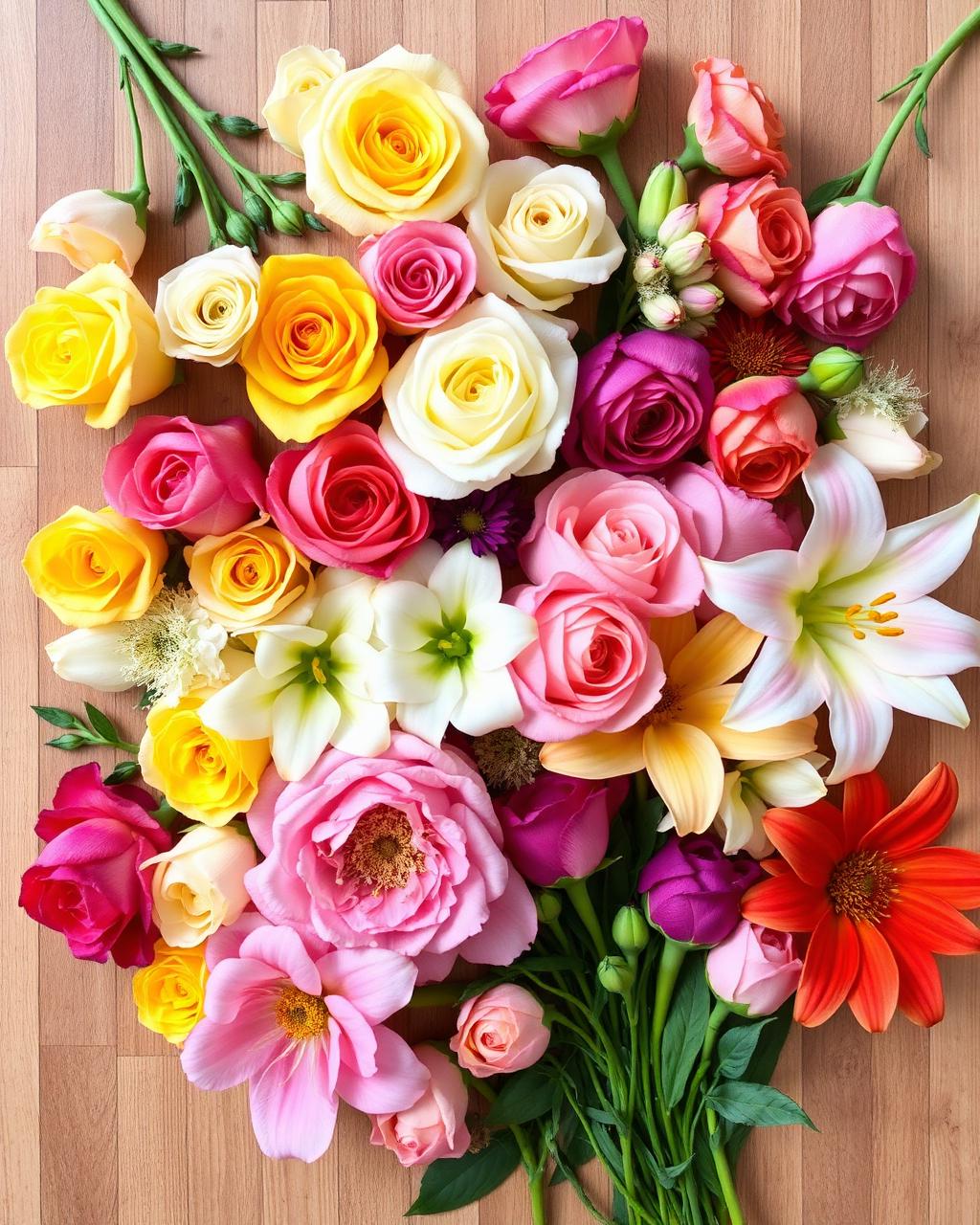 Colorful flat lay of fresh flowers